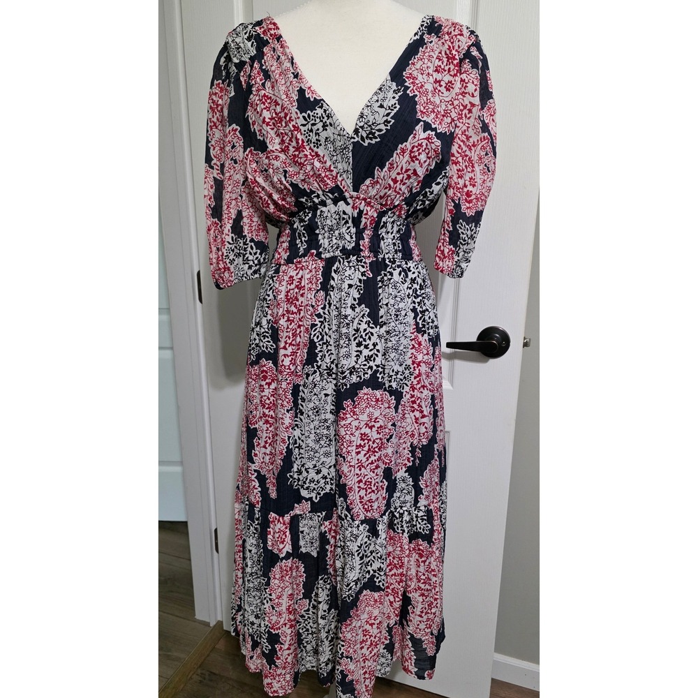 Audrey Parks Francesca's Red White Blue Floral Smocked V-Neck Midi Dress Women S